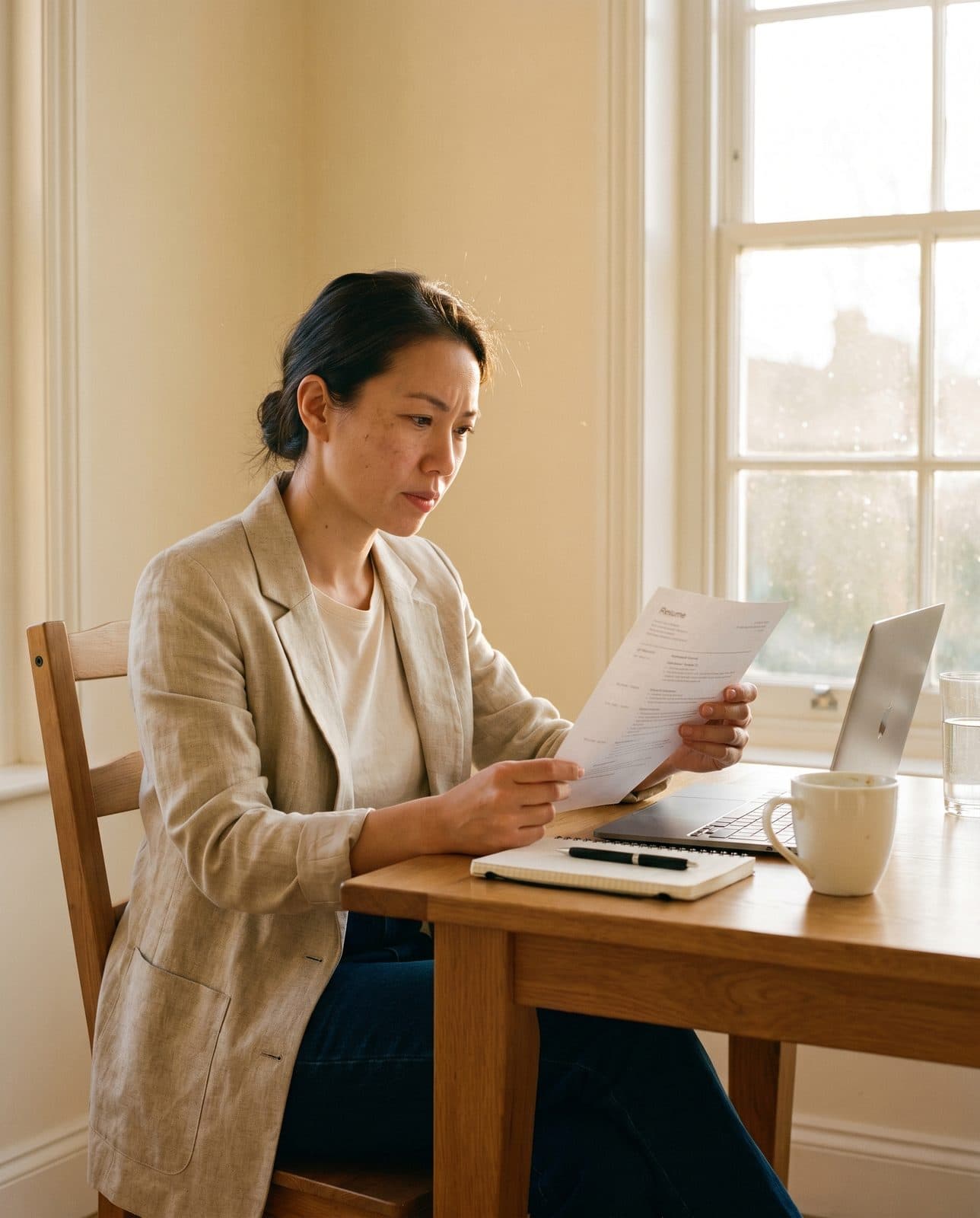 A professional reviewing a tailored resume by a sunlit window
